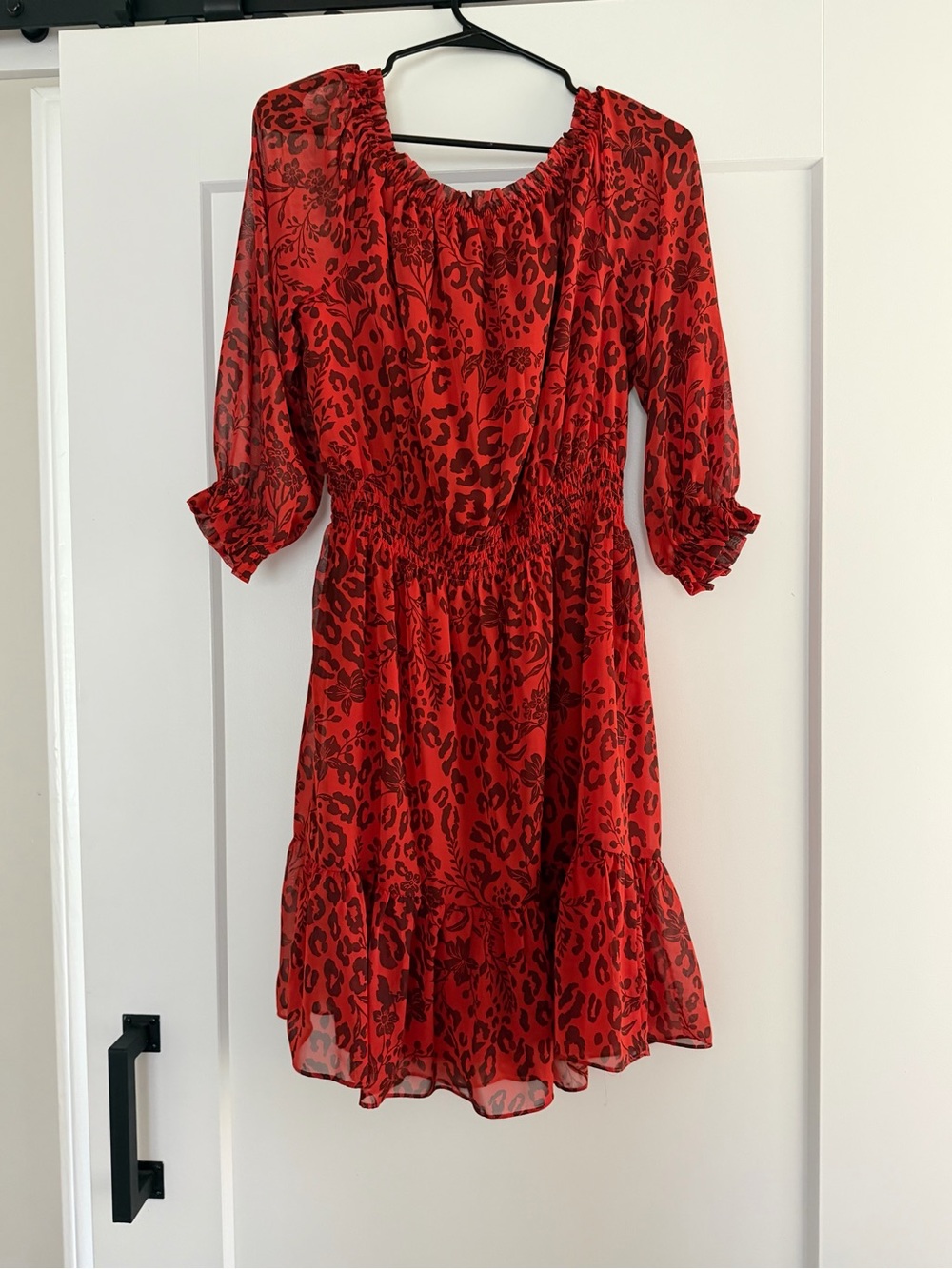 Nine West Red Leopard-Print Long-Sleeve Smocked Dress - Picture 3 of 4
